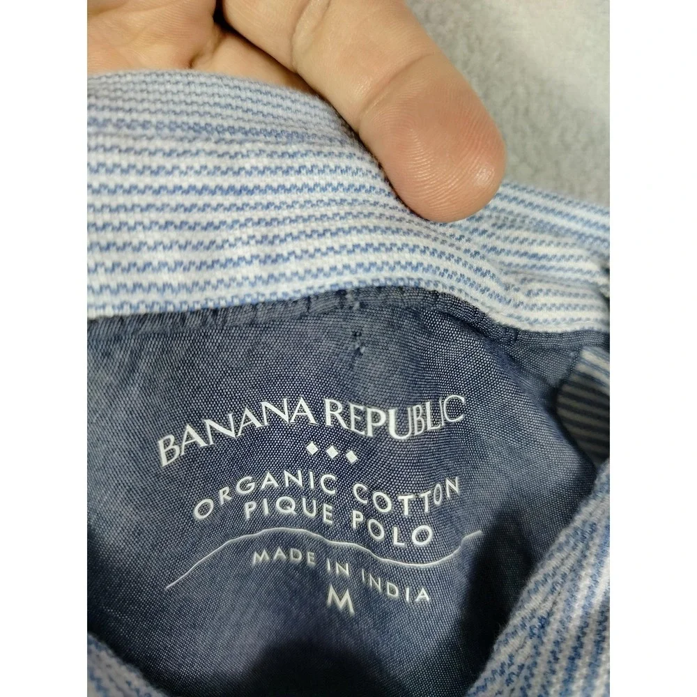 Banana Republic Polo‎ Shirt Mens Medium Blue Stripe Organic Cotton Pique Pocket